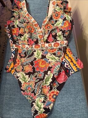 Amazon Black Floral V-Neck One-Piece Swimsuit with Multicolor Blooms